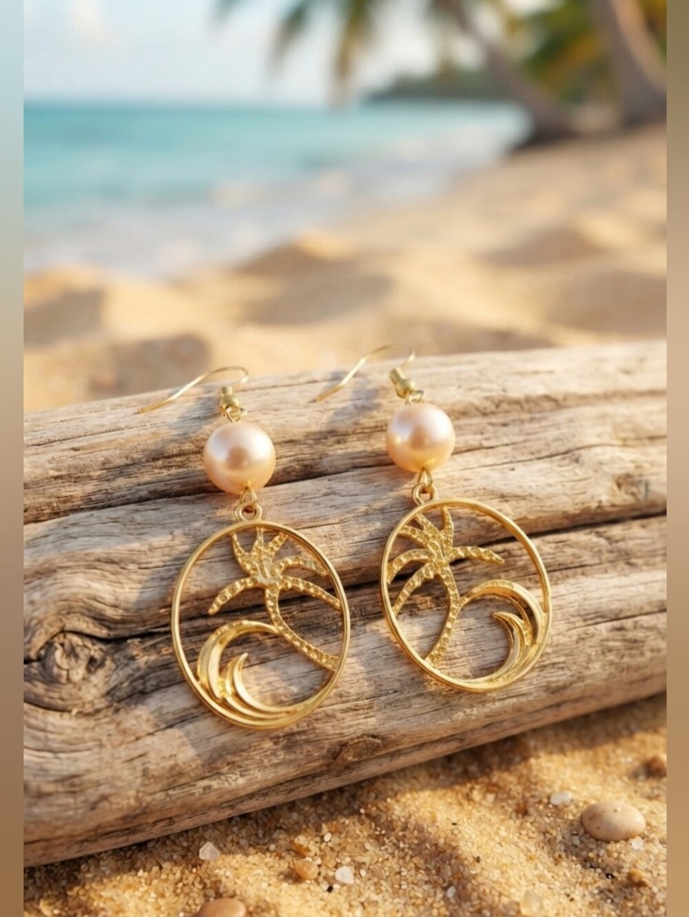 ​Gold Tropical Palm Tree & Ocean Wave Pearl Drop Earrings